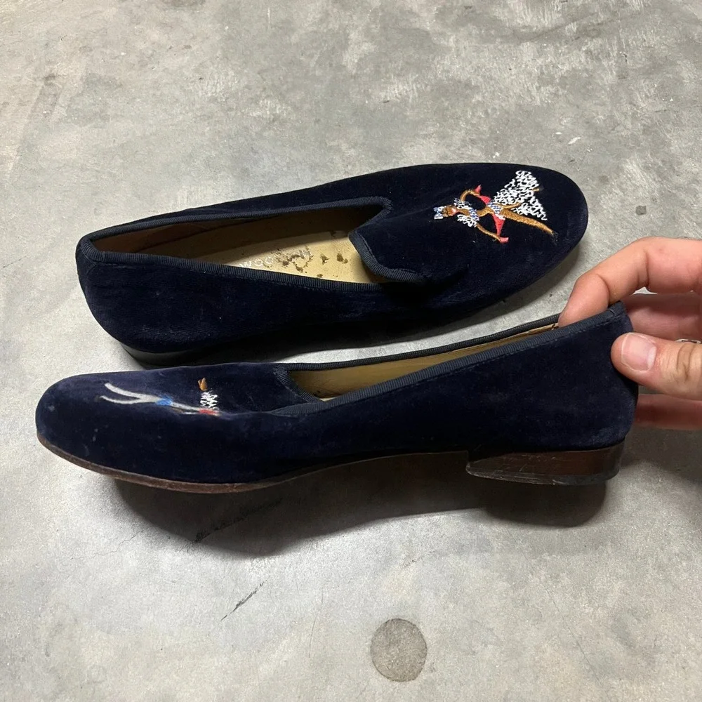 Stubbs & Wootton Navy Embroidered Dancer Couple Slippers Loafers Size 9 Spain